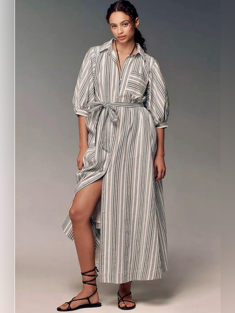 Anthropologie Striped Maxi Shirtdress in White and Gray-Blue